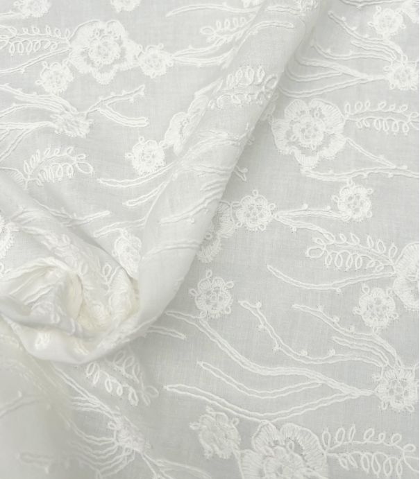 Tissu coton brodé Floralie - Ecru